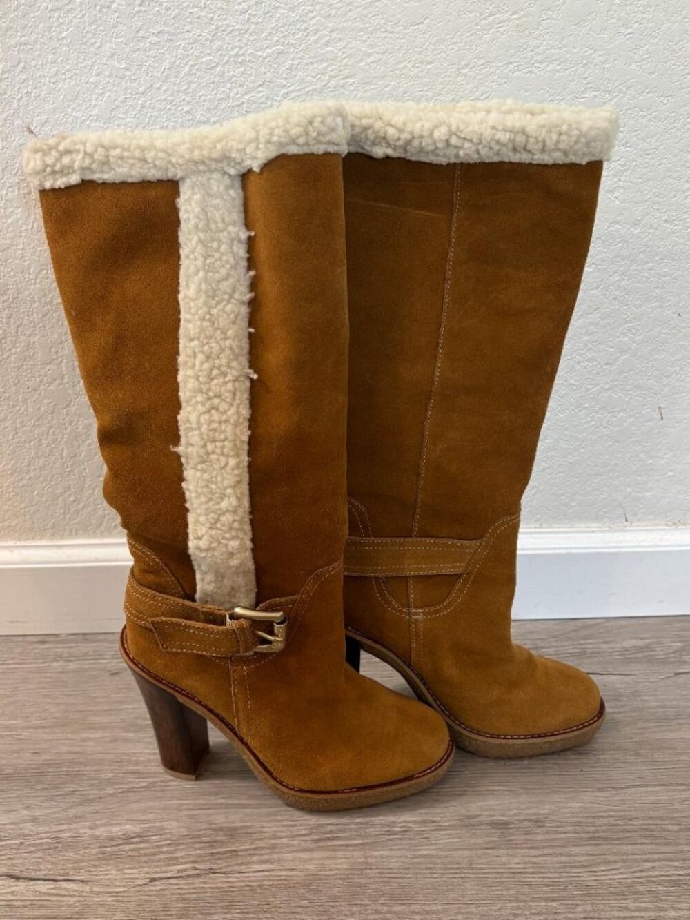 Michael Kors Tan Suede Ugg Sherling Buckle Boots 4 inch Heels New!